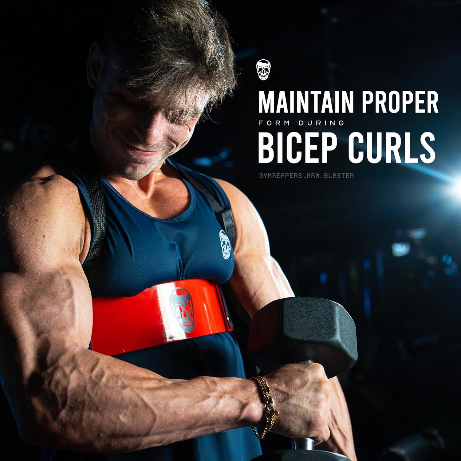 imageGymreapers Bicep Arm Blaster  Bicep Curl Isolator wContoured Padded Edges  Adjustable Bicep Bomber for Weightlifting ampamp BodybuildingRed