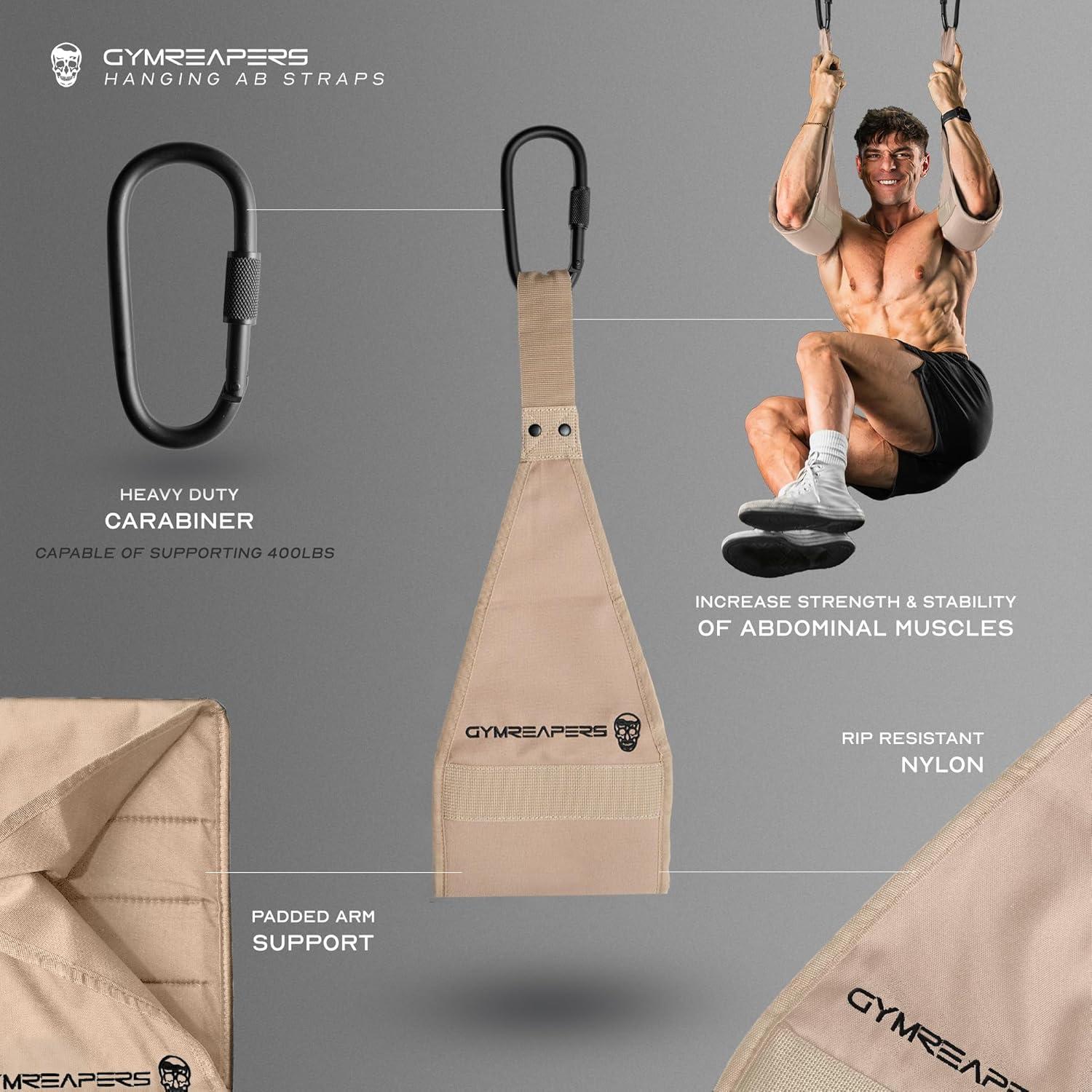 imageGymreapers Hanging Ab Straps For Core Strength and Abdominal Training  Padded Adjustable Arm Supports For Bodyweight ExercisesTan