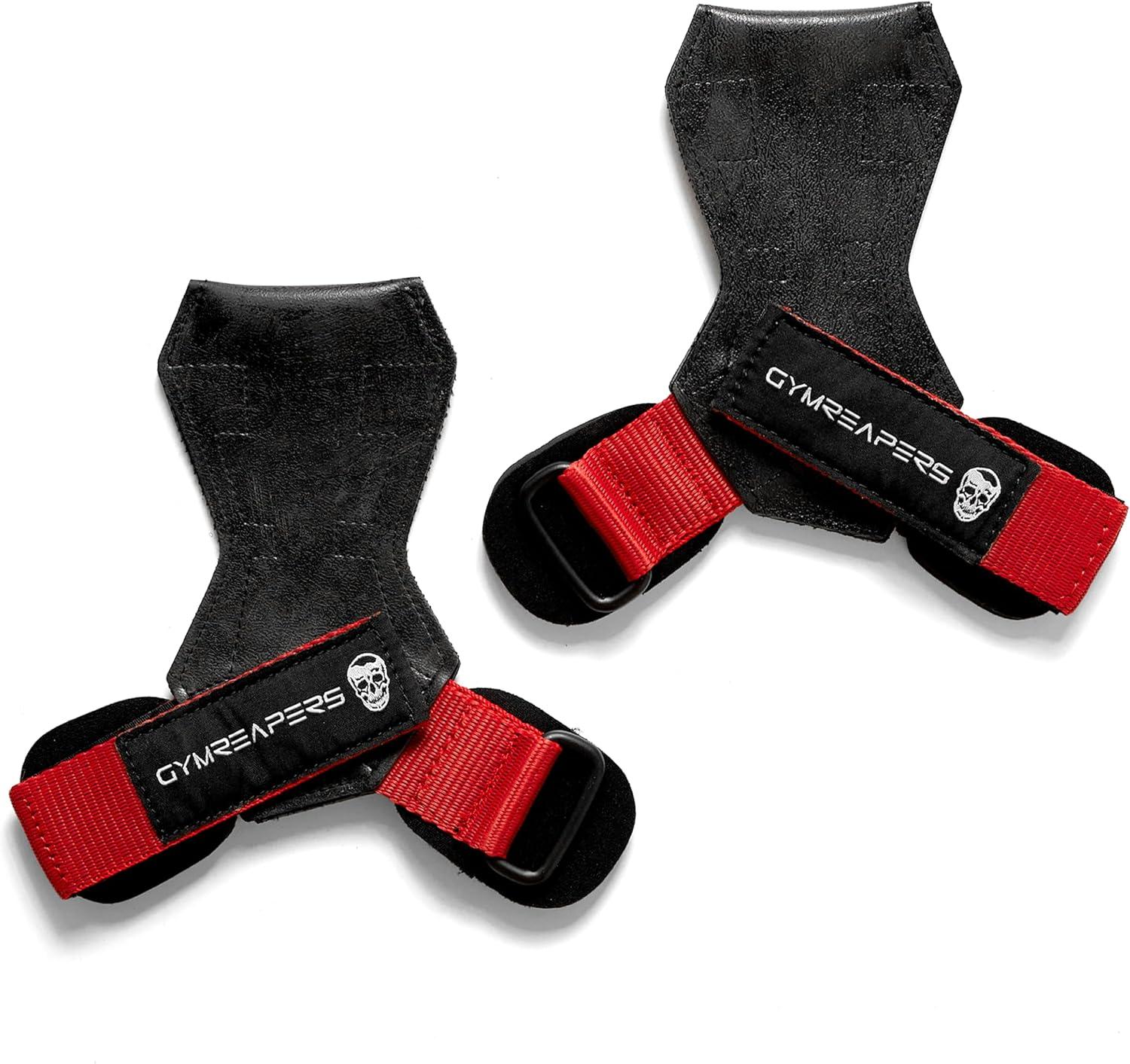 imageGymreapers Weight Lifting Grips Pair for Heavy Powerlifting Deadlifts Rows Pull Ups with Neoprene Padded Wrist Wraps Support and Strong Rubber Gloves or Straps for BodybuildingRed
