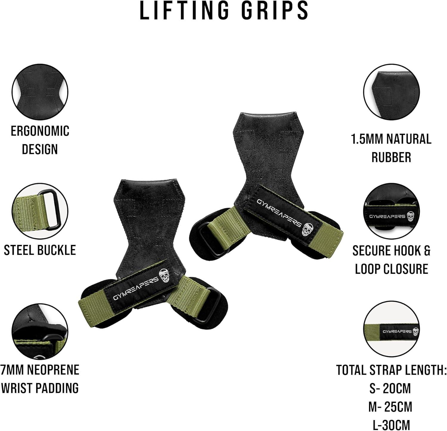 imageGymreapers Weight Lifting Grips Pair for Heavy Powerlifting Deadlifts Rows Pull Ups with Neoprene Padded Wrist Wraps Support and Strong Rubber Gloves or Straps for BodybuildingRanger Green
