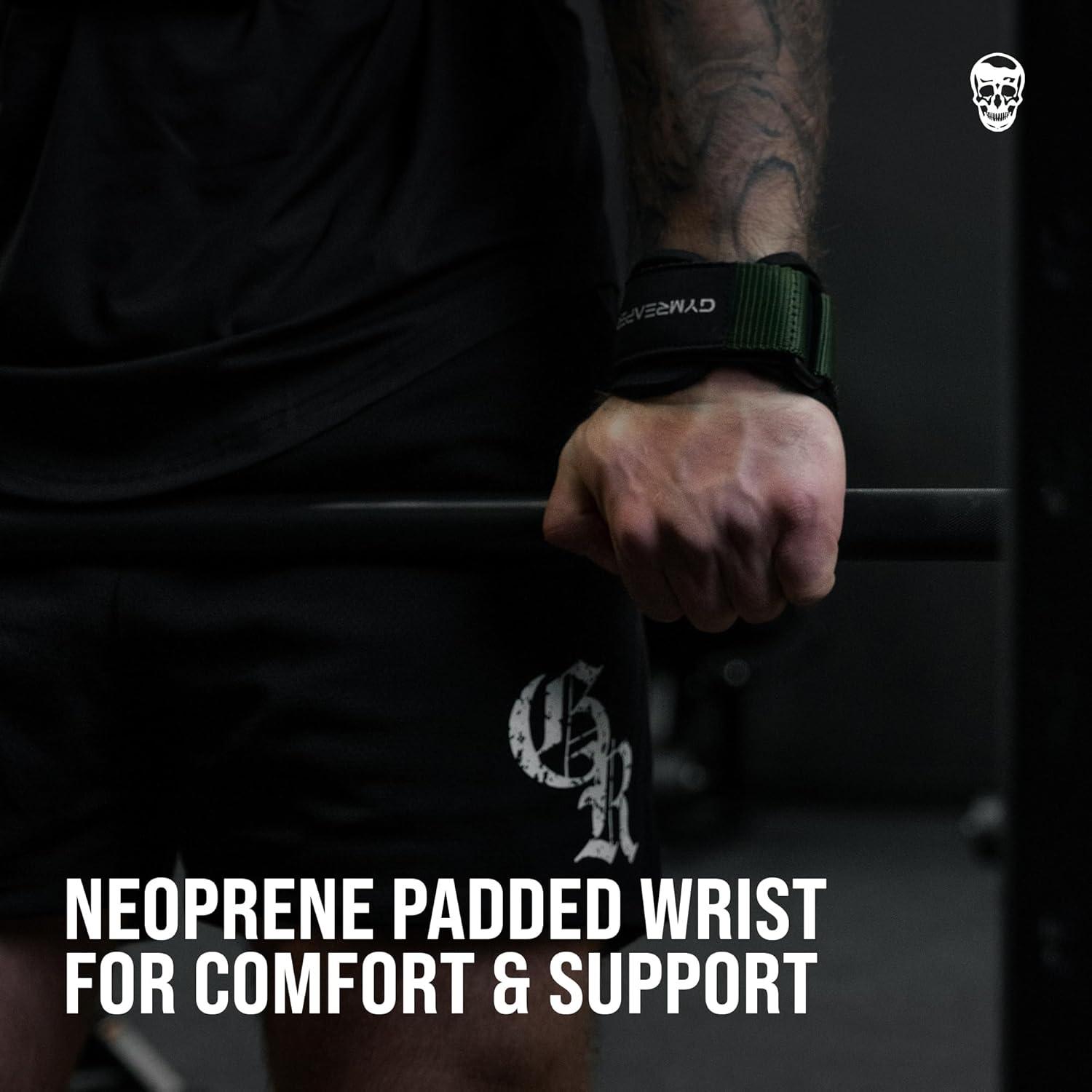 imageGymreapers Weight Lifting Grips Pair for Heavy Powerlifting Deadlifts Rows Pull Ups with Neoprene Padded Wrist Wraps Support and Strong Rubber Gloves or Straps for BodybuildingRanger Green