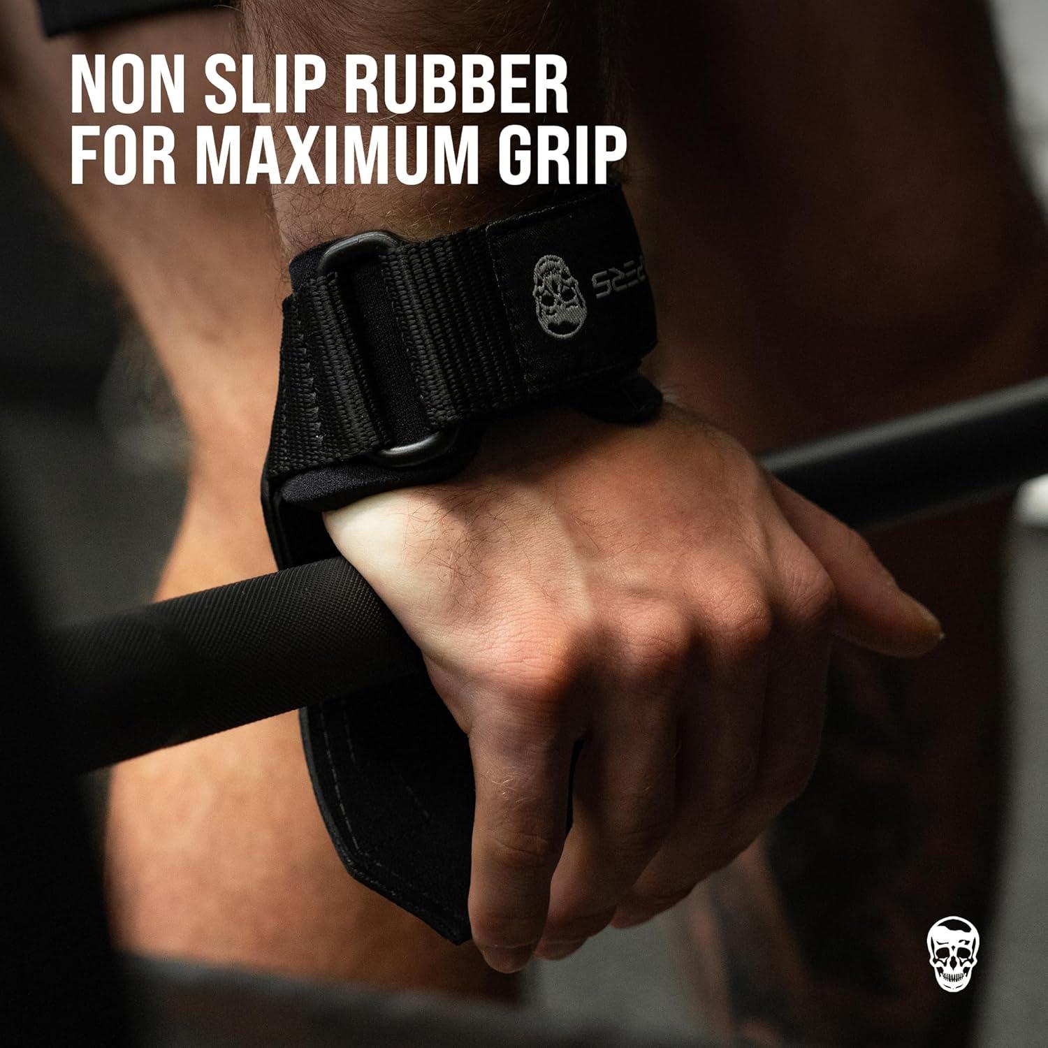 imageGymreapers Weight Lifting Grips Pair for Heavy Powerlifting Deadlifts Rows Pull Ups with Neoprene Padded Wrist Wraps Support and Strong Rubber Gloves or Straps for BodybuildingBlack