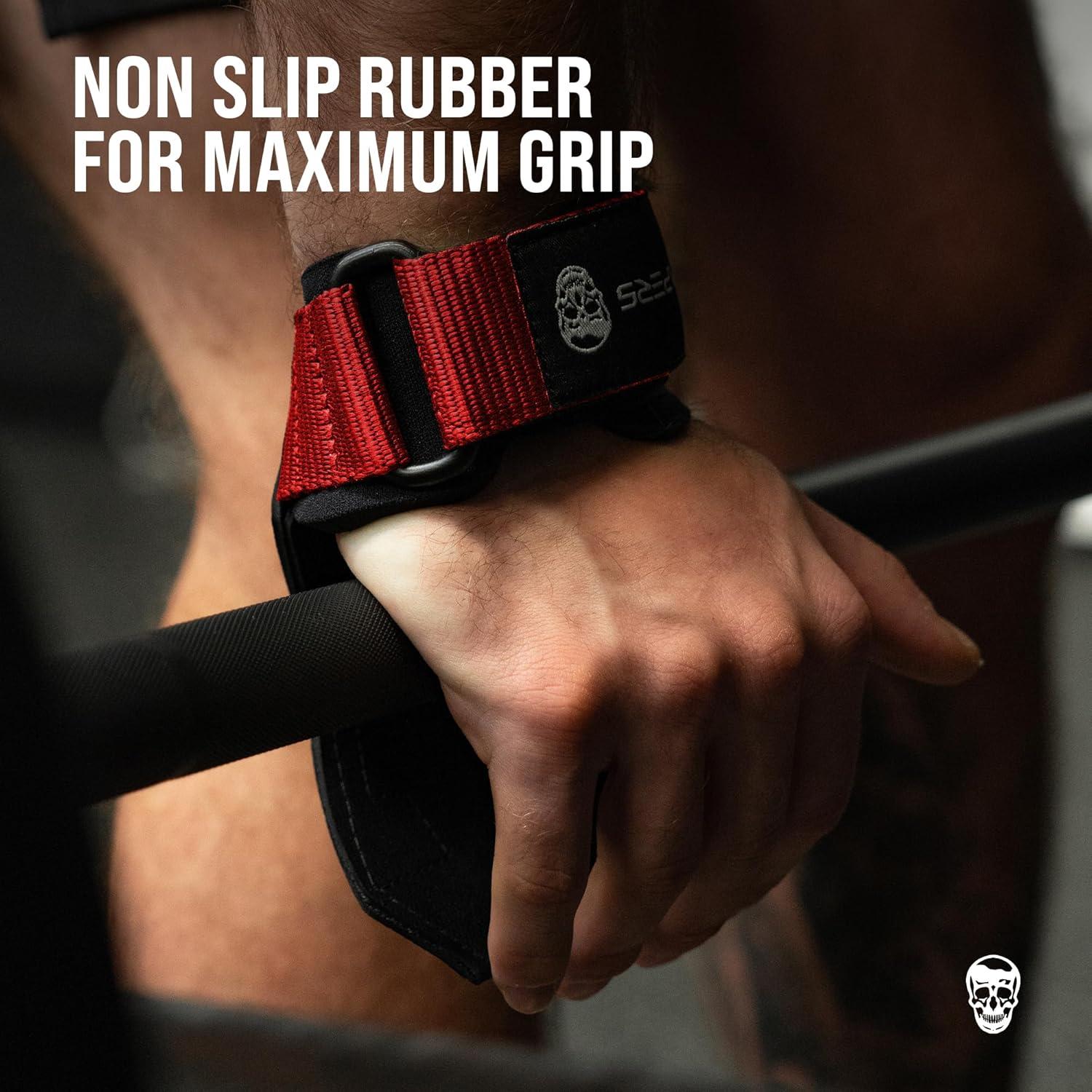imageGymreapers Weight Lifting Grips Pair for Heavy Powerlifting Deadlifts Rows Pull Ups with Neoprene Padded Wrist Wraps Support and Strong Rubber Gloves or Straps for BodybuildingRed