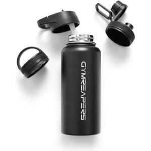 imageGymreapers Insulated Water Bottle  Stainless Steel 32 Oz 3 lids Straw Chug Canteen Double Walled Vacuum Insulation Thermo Mug Cold Hot  Durable Powder Coated FinishBlack