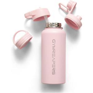 imageGymreapers Insulated Water Bottle  Stainless Steel 32 Oz 3 lids Straw Chug Canteen Double Walled Vacuum Insulation Thermo Mug Cold Hot  Durable Powder Coated FinishPink