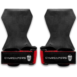 imageGymreapers Weight Lifting Grips Pair for Heavy Powerlifting Deadlifts Rows Pull Ups with Neoprene Padded Wrist Wraps Support and Strong Rubber Gloves or Straps for BodybuildingRed