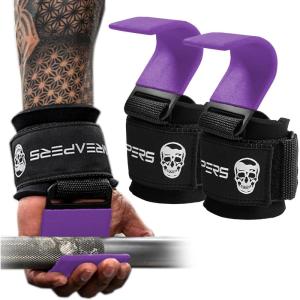 imageGymreapers Weight Lifting Hooks Pair Heavy Duty Power Wrist Straps Hand Grip Support For Deadlifts Pull Ups Shrugs  Gym Gloves For Men and WomenPurple